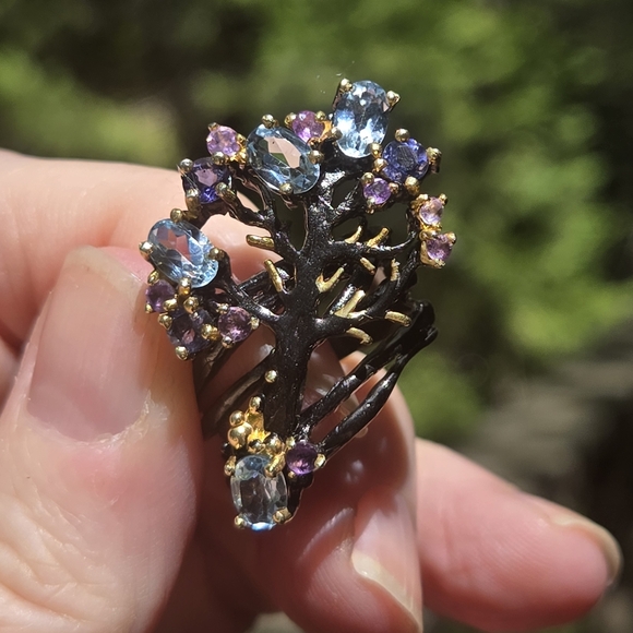 πHOST PICK π Blue Topaz Lolite & Amethyst Sterling Rhodium & Gold ring sz6.75 - Picture 4 of 13